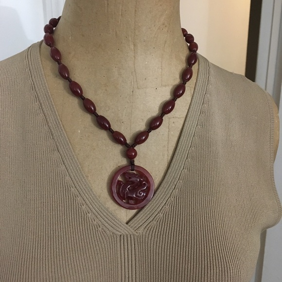 Carved Dragon Asian Natural Carnelian Necklace - Picture 6 of 12